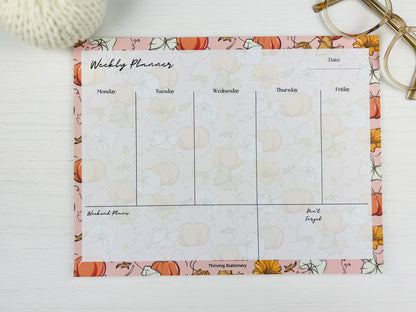 Autumn Weekly Planner Notepad with pumpkin and fall flower design and weekly layout