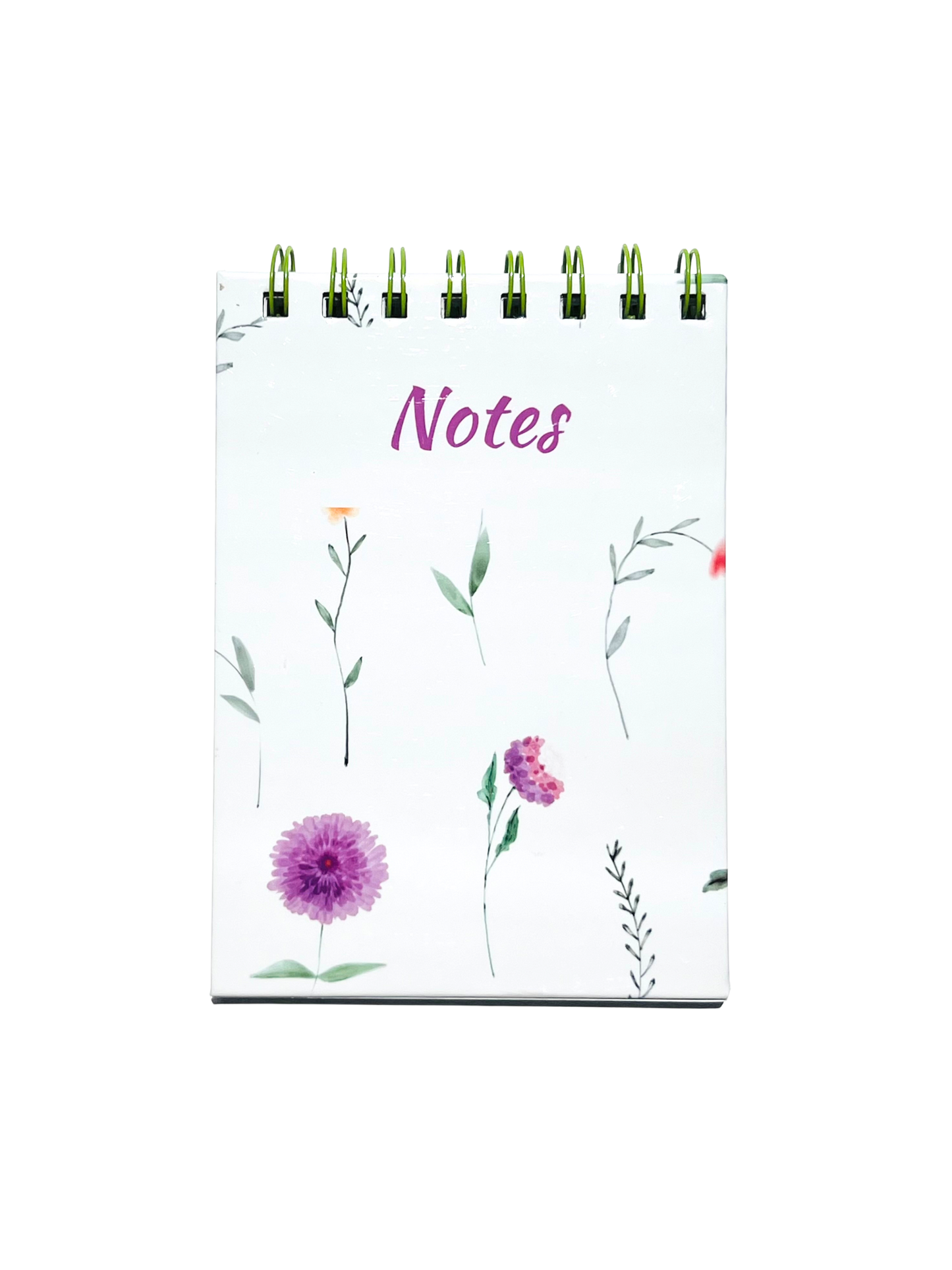 Floral Mini Notes Spiral Notepad with white floral cover and purple “Notes” text