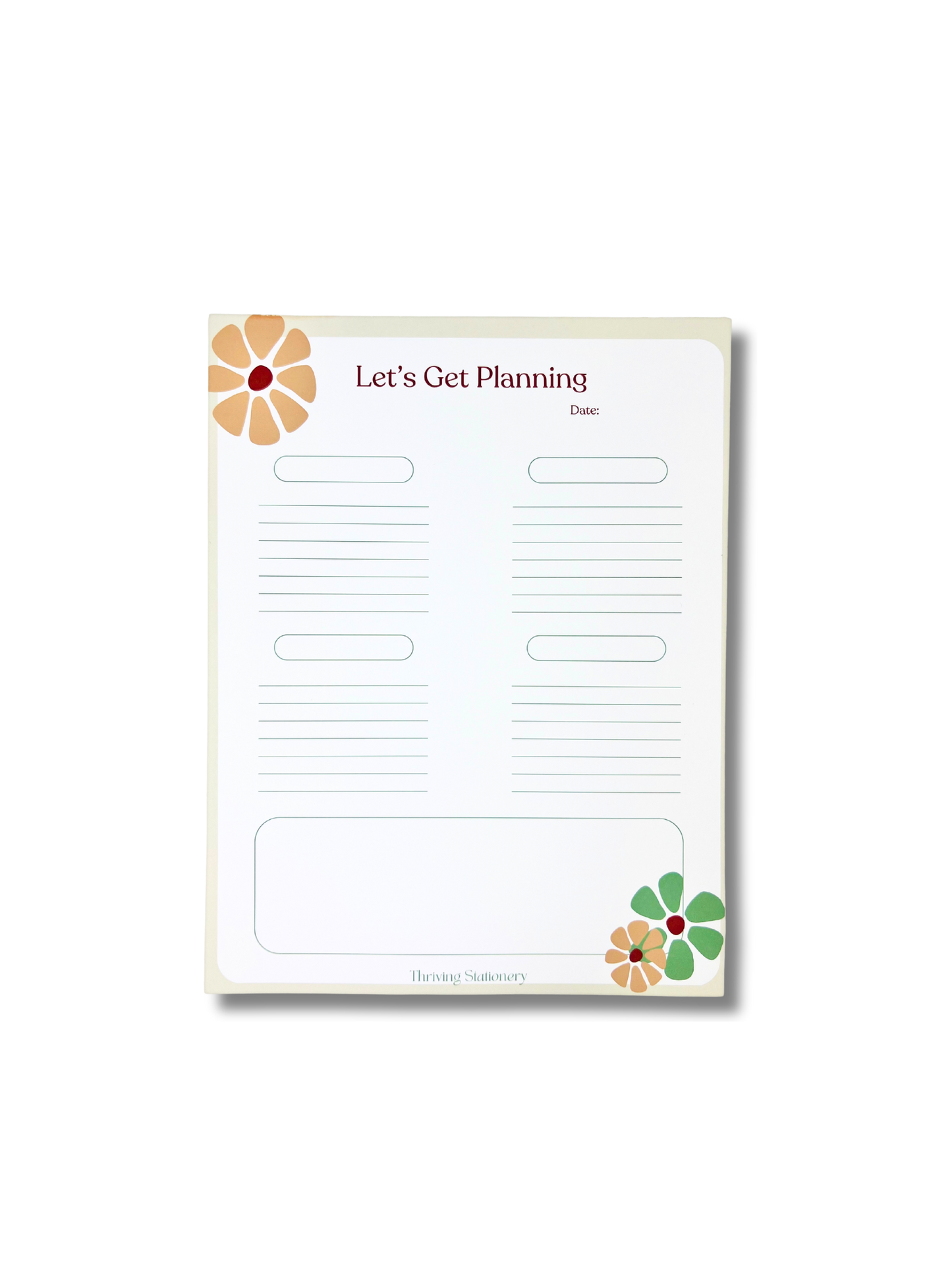 Notepad with 'Let's Get Planning' text and floral designs on a white background