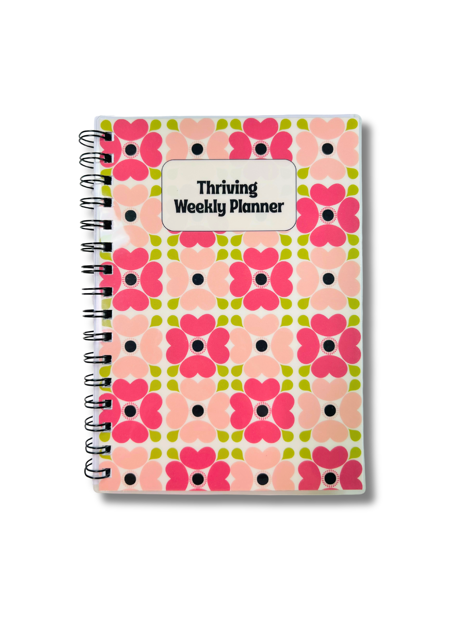 Weekly planner with pink floral pattern on a white background