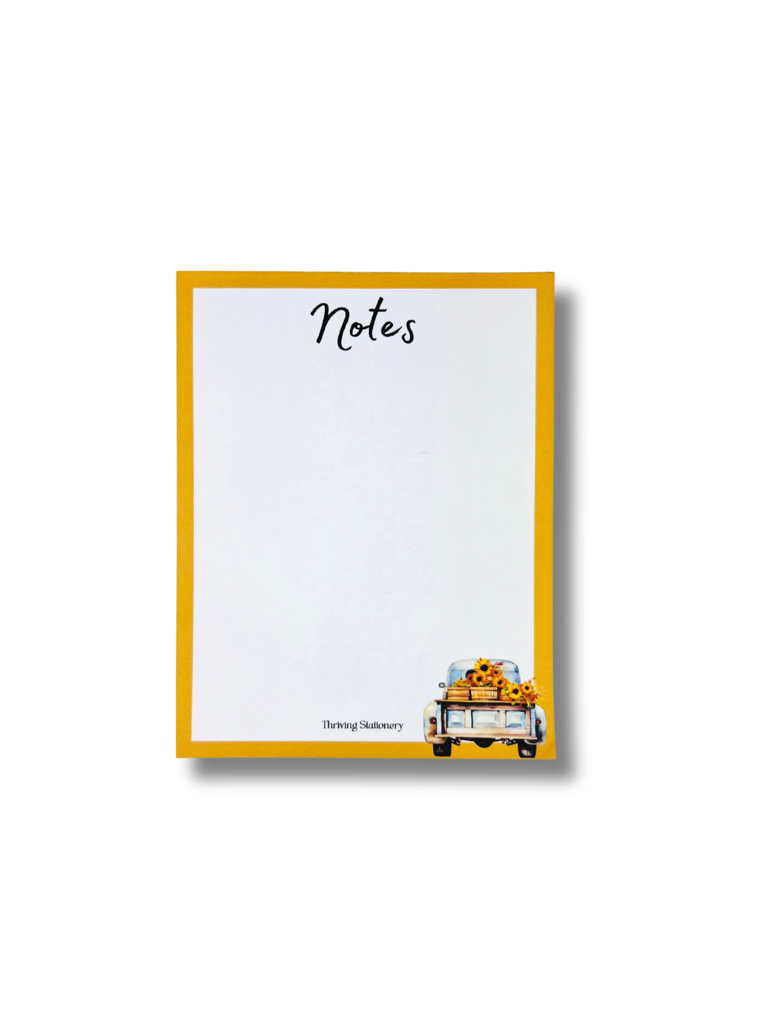 Golden Harvest Notepad with yellow border and vintage truck carrying sunflowers