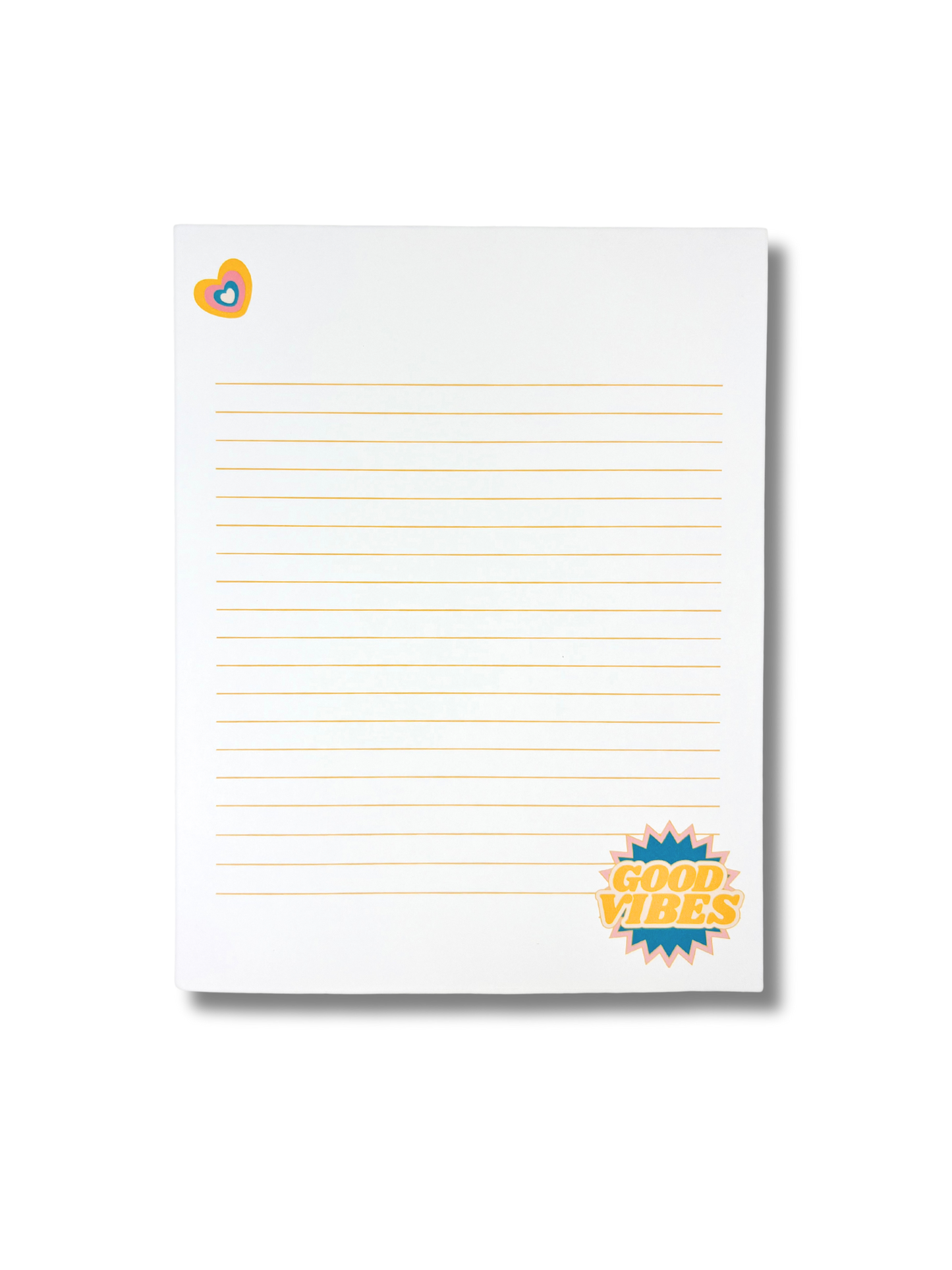 Good Vibes Large Lined Notepad with colorful text design and lined pages