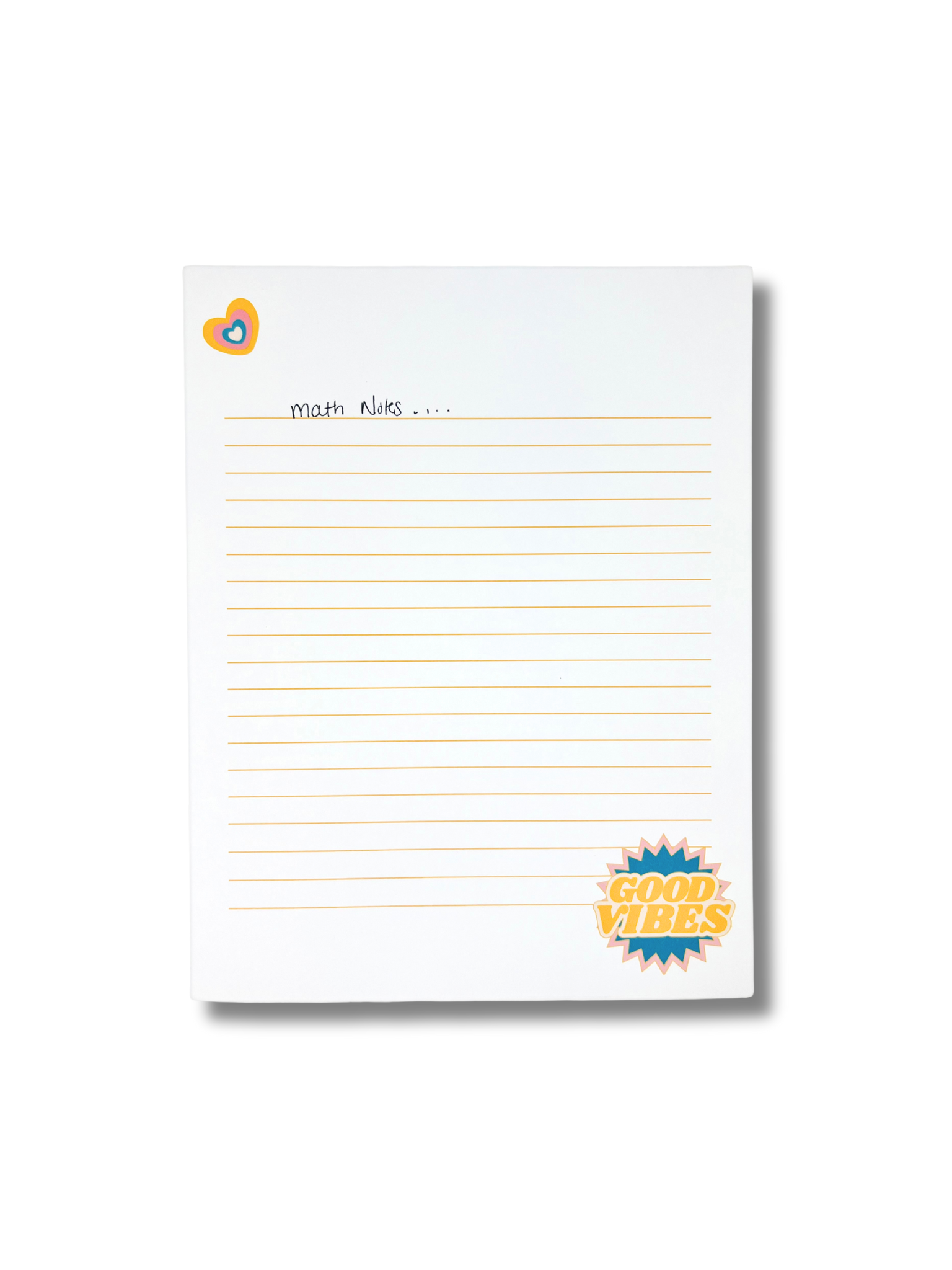 Good Vibes Large Lined Notepad with colorful text design and lined pages