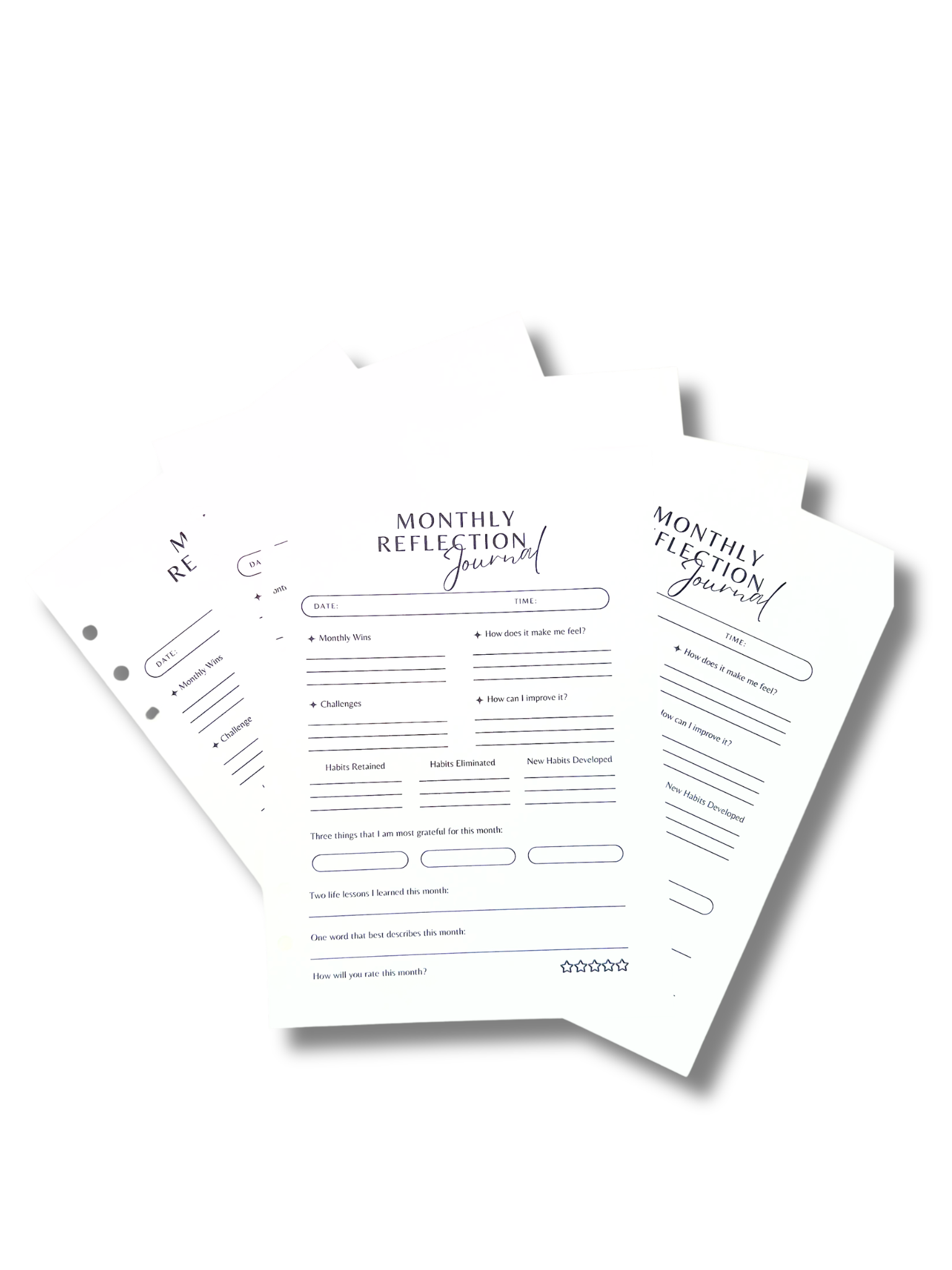 Three sheets of paper with 'Monthly Reflection Journal' text on a white background