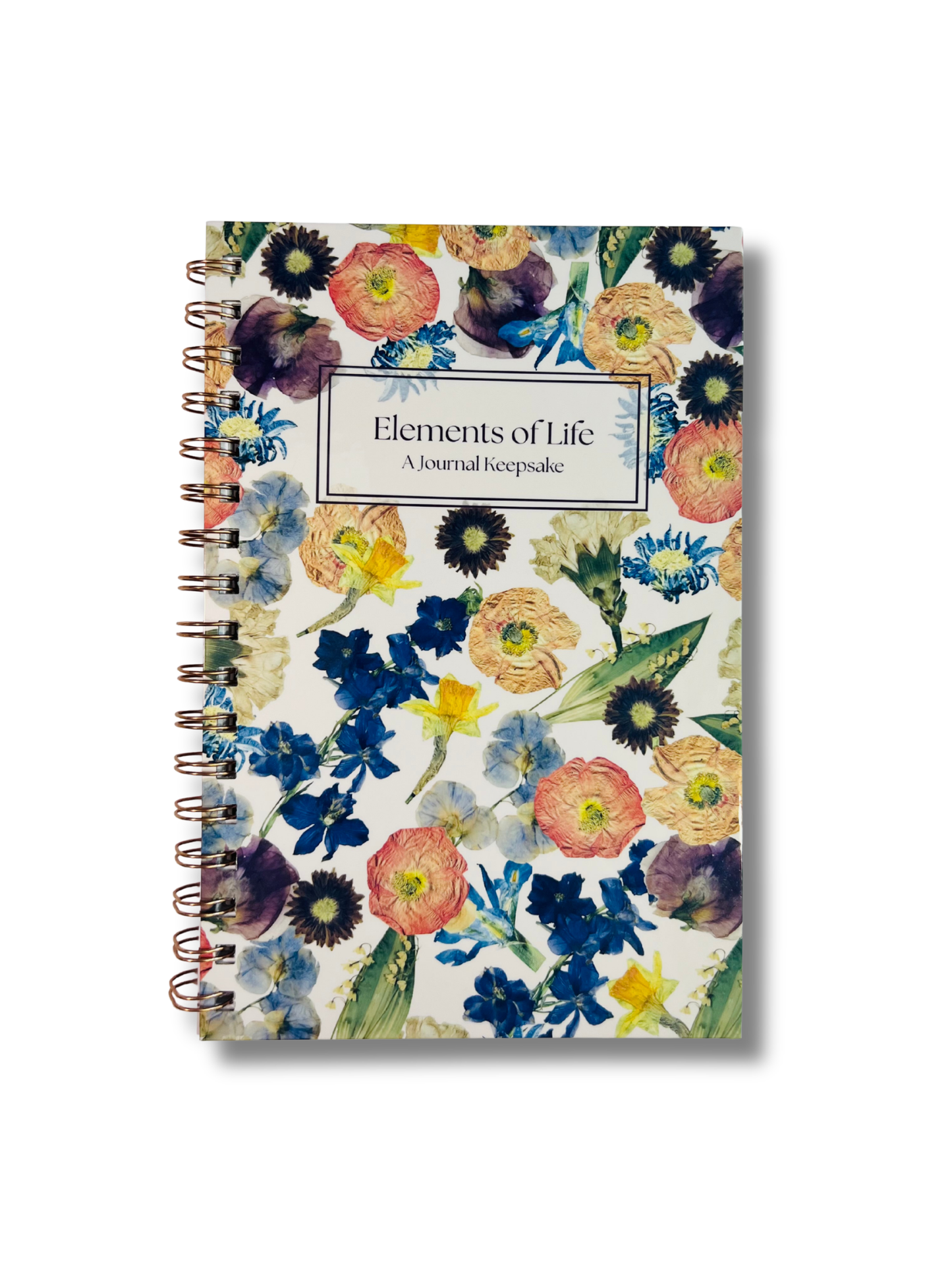 Floral notebook with 'Elements of Life' text on a white background