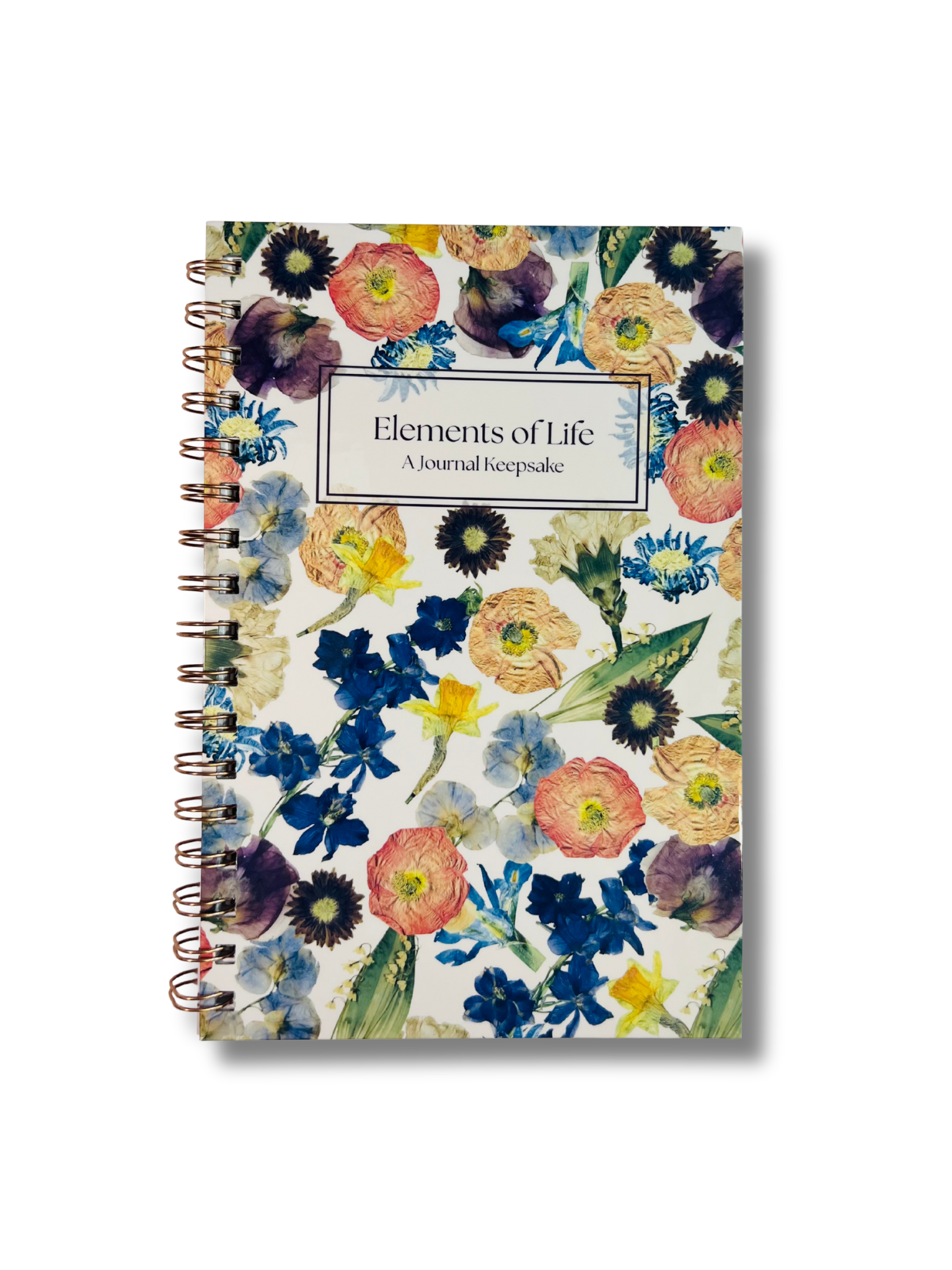 Floral notebook with 'Elements of Life' text on a white background