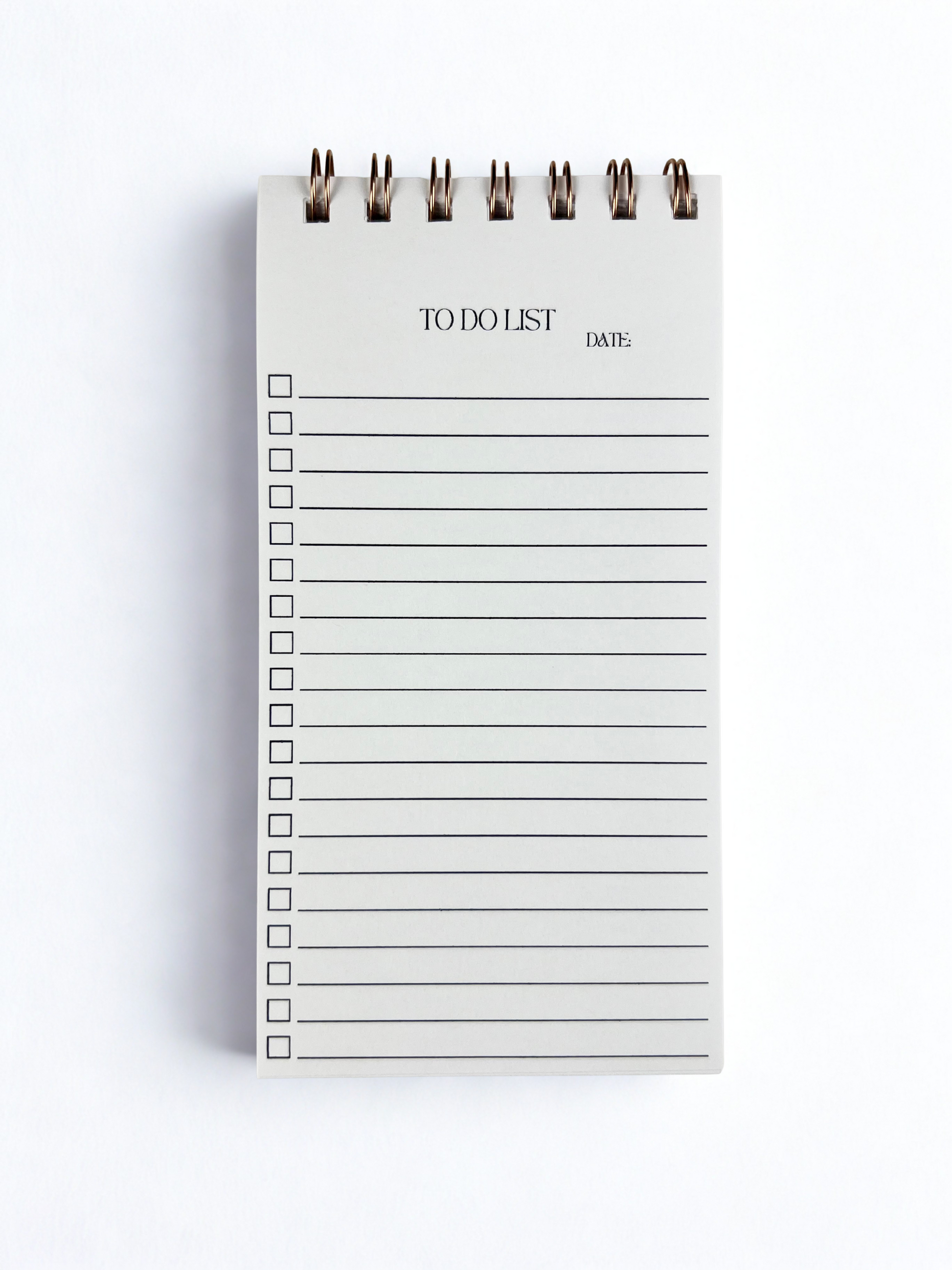large spiral-bound notepad with 'To Do List' and 'Date' sections on a white background