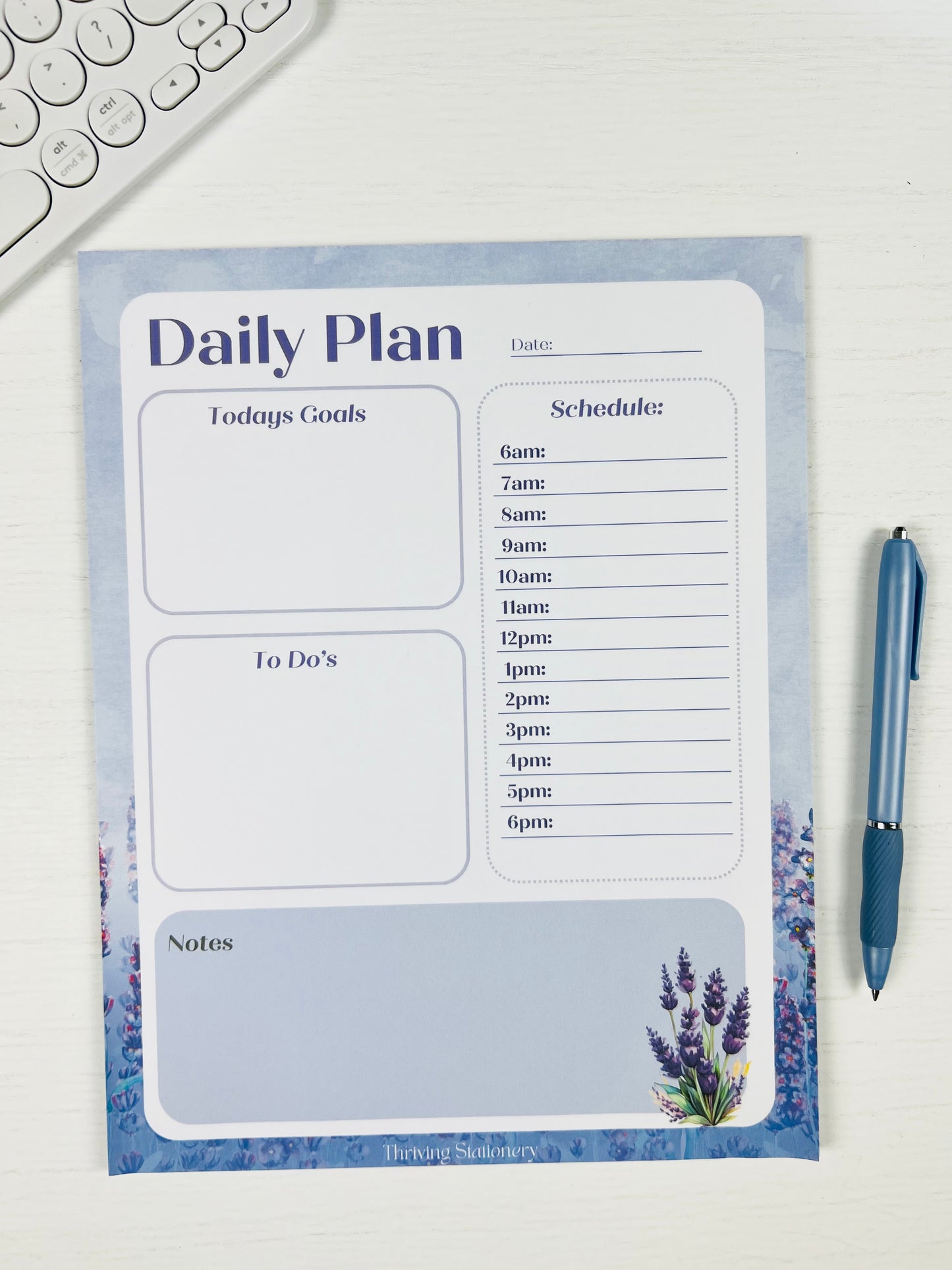 Lavender Purple Daily Planner Notepad with soft purple design and daily schedule with a section for goals, to do's, and notes