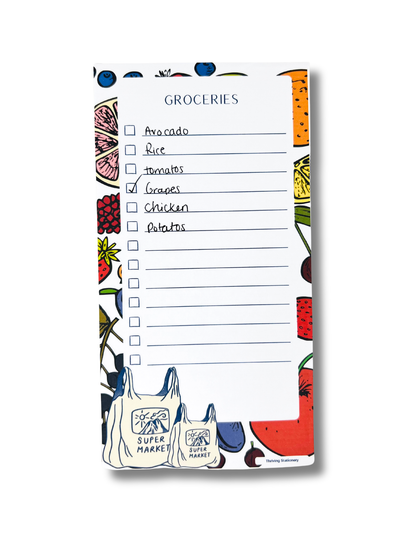 Super Market Magnetic Grocery List Notepad with fruit border and illustrated grocery bags
