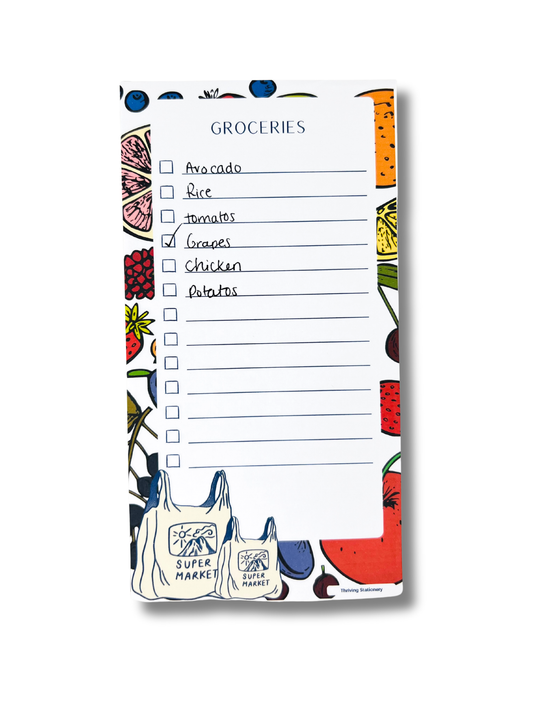 Super Market Magnetic Grocery List Notepad with fruit border and illustrated grocery bags