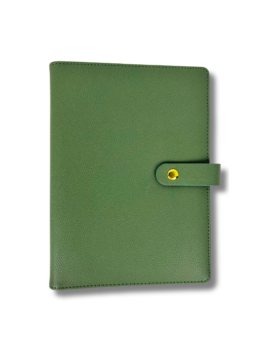 Green leather planner with a gold buckle on a white background