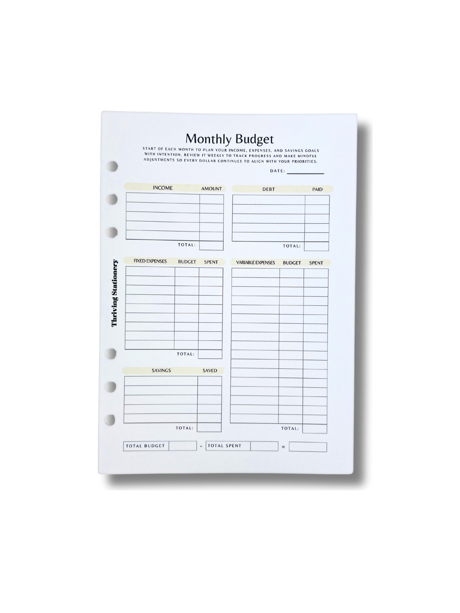 A5 Monthly Budget Inserts with monthly expense tracking layout for A5 binders