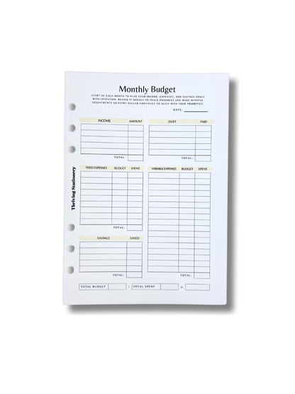 A5 Monthly Budget Inserts with monthly expense tracking layout for A5 binders