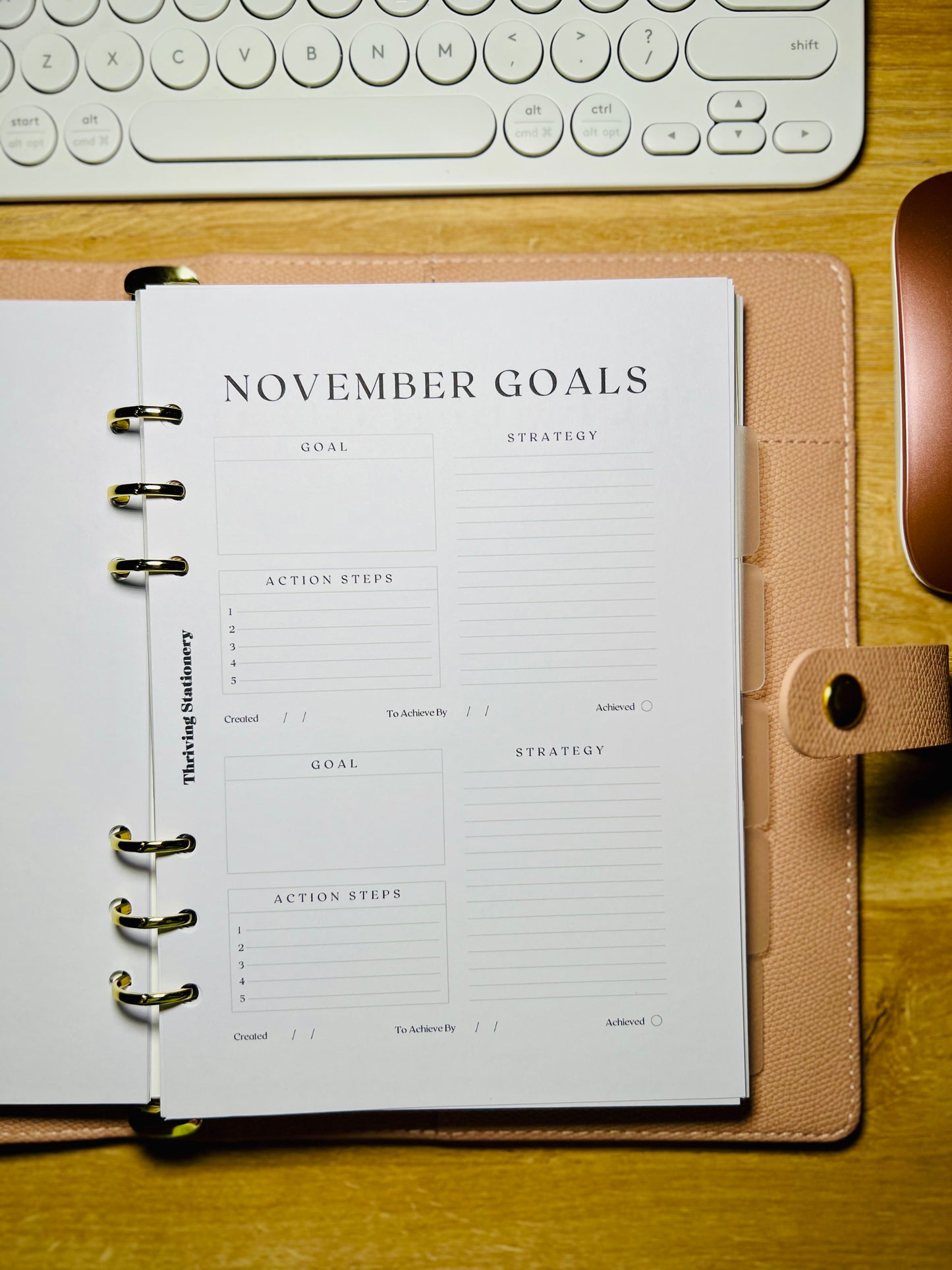 A5 Monthly Goals Inserts with goal-tracking layout and minimal planner design for A5 binders