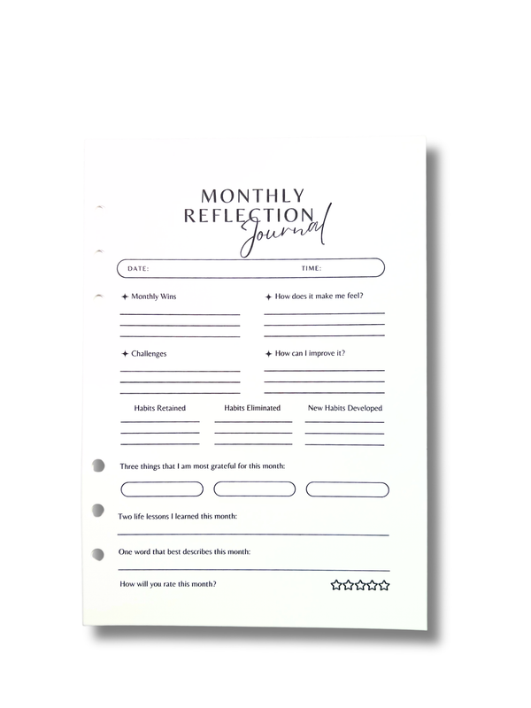 Monthly reflection journal form on a white background