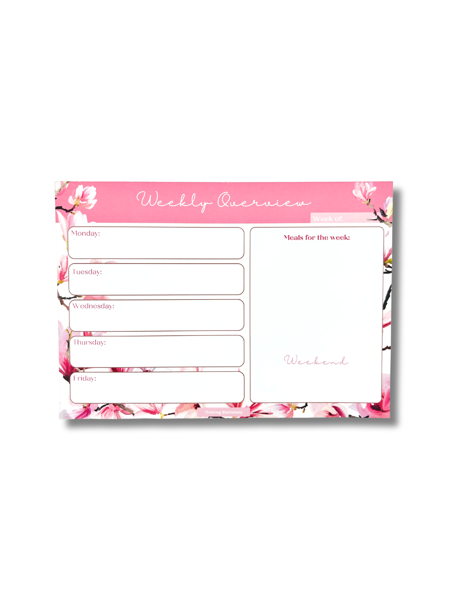 Pink Cherry Blossom Weekly Planner Deskpad with light floral design and weekly layout