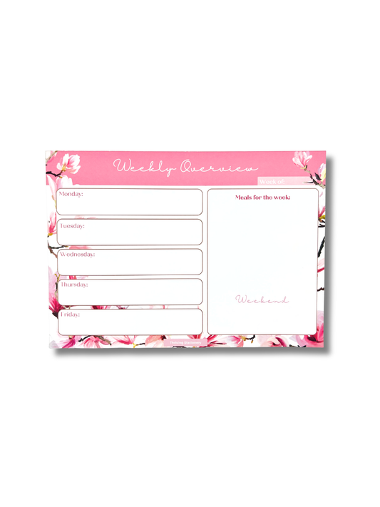 Pink Cherry Blossom Weekly Planner Deskpad with light floral design and weekly layout