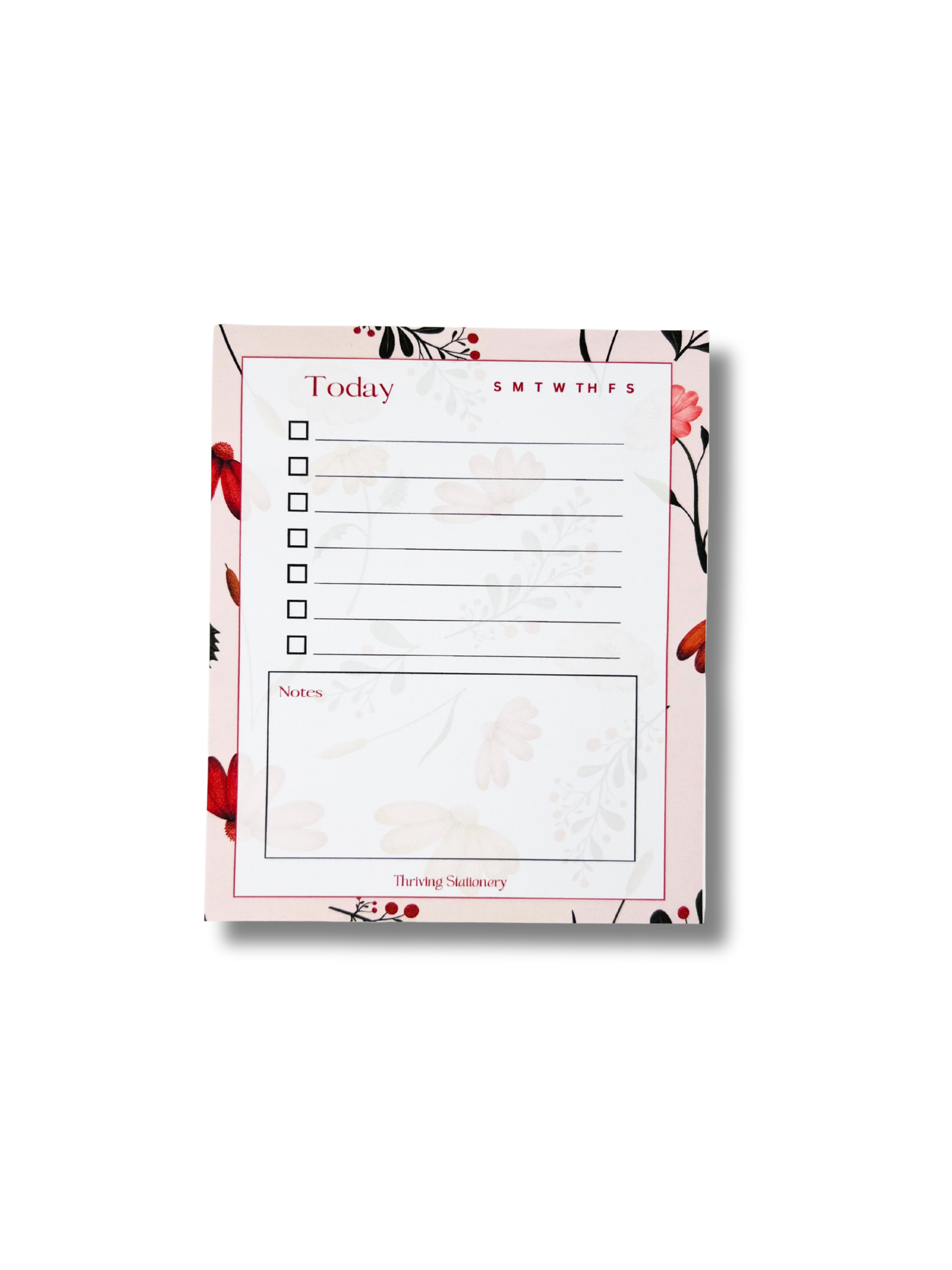Pink Botanical Daily Planner Notepad with floral border, to-do list, and notes section