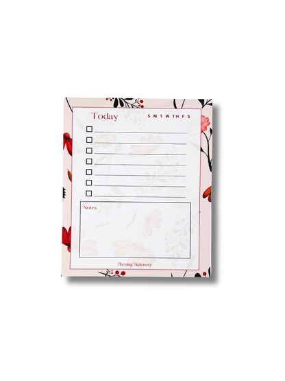 Pink Botanical Daily Planner Notepad with floral border, to-do list, and notes section