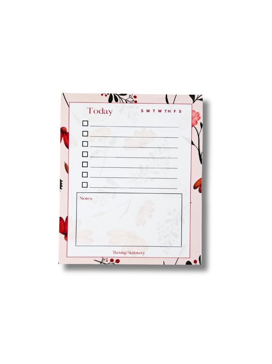 Pink Botanical Daily Planner Notepad with floral border, to-do list, and notes section