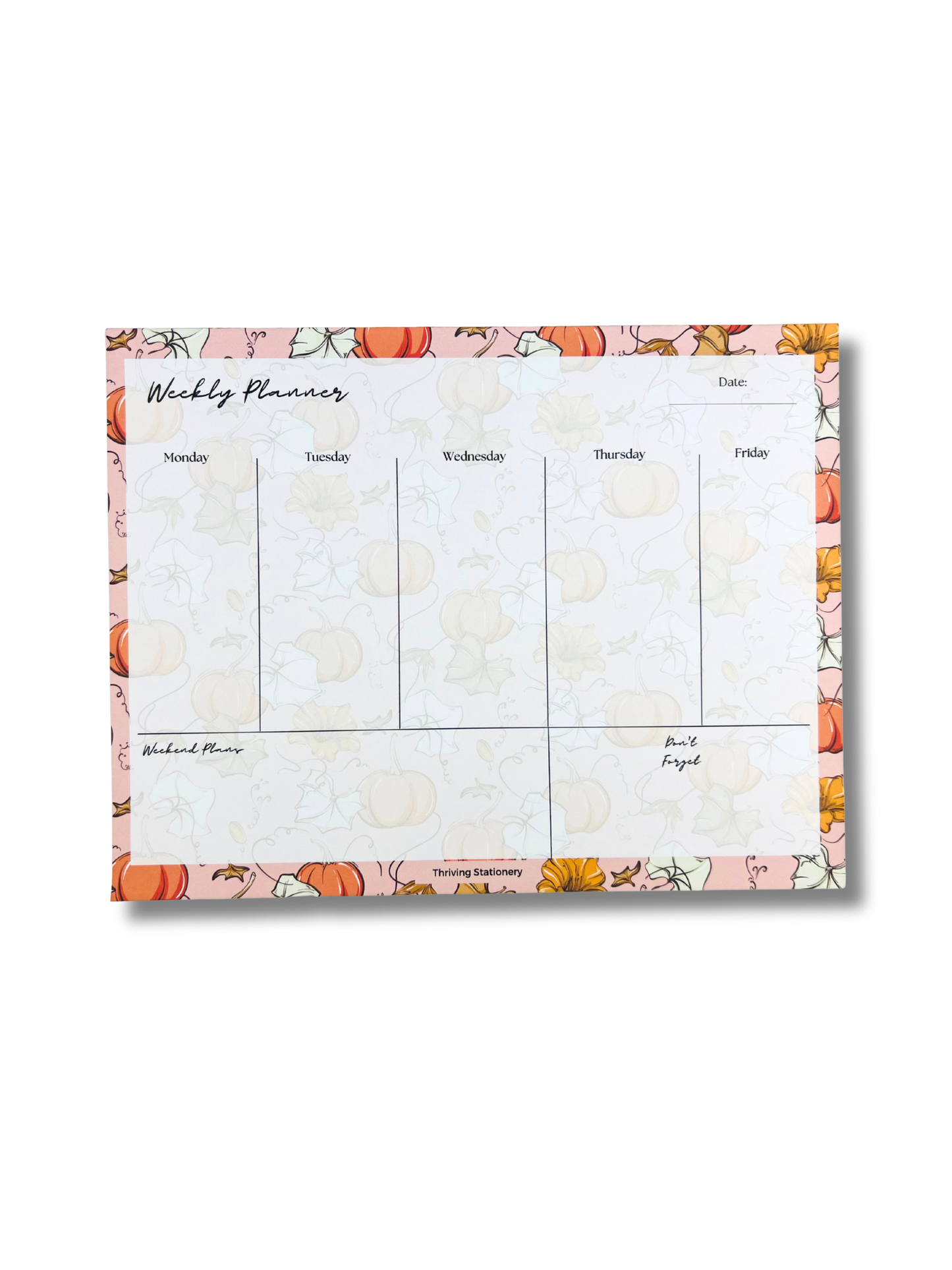 Autumn Weekly Planner Notepad with pumpkin and fall flower design and weekly layout