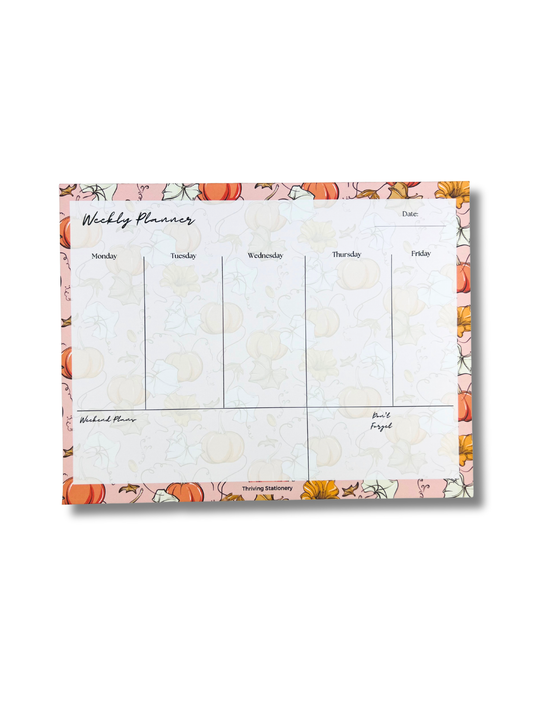 Autumn Weekly Planner Notepad with pumpkin and fall flower design and weekly layout
