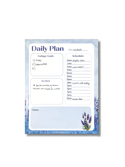 Lavender Purple Daily Planner Notepad with soft purple design and daily schedule
