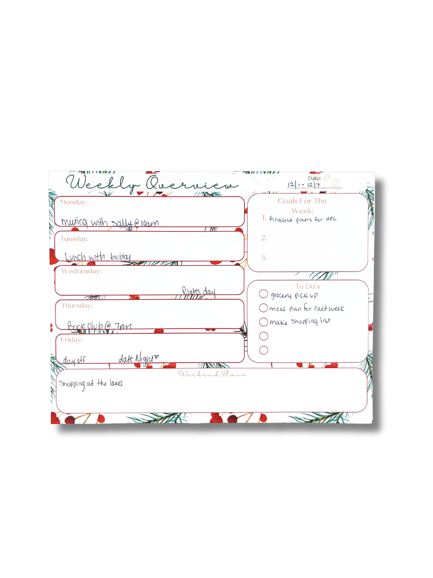 Weekly overview planner sheet with checkboxes and text on a white background