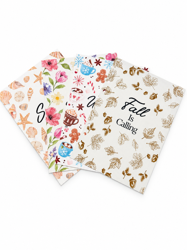 Three decorative paper napkins fanned out on a white background, featuring fall-themed illustrations including leaves, acorns, gingerbread cookies, flowers, and the phrase 'Fall Is Calling'.