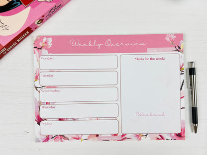 Pink Cherry Blossom Weekly Planner Deskpad with light floral design and weekly layout