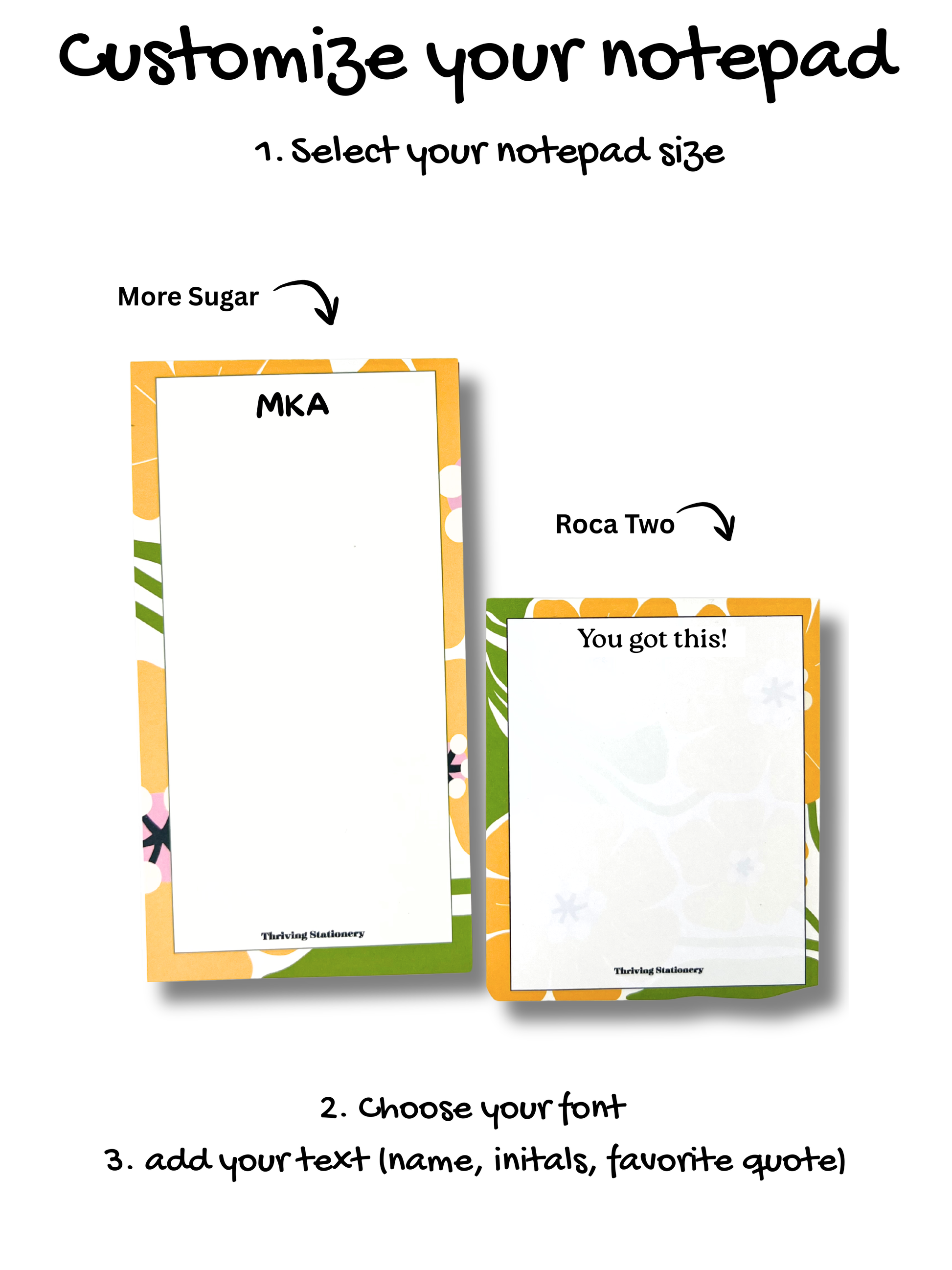 Sunbeam Floral Personalized Notepad with yellow, pink, and green floral border design