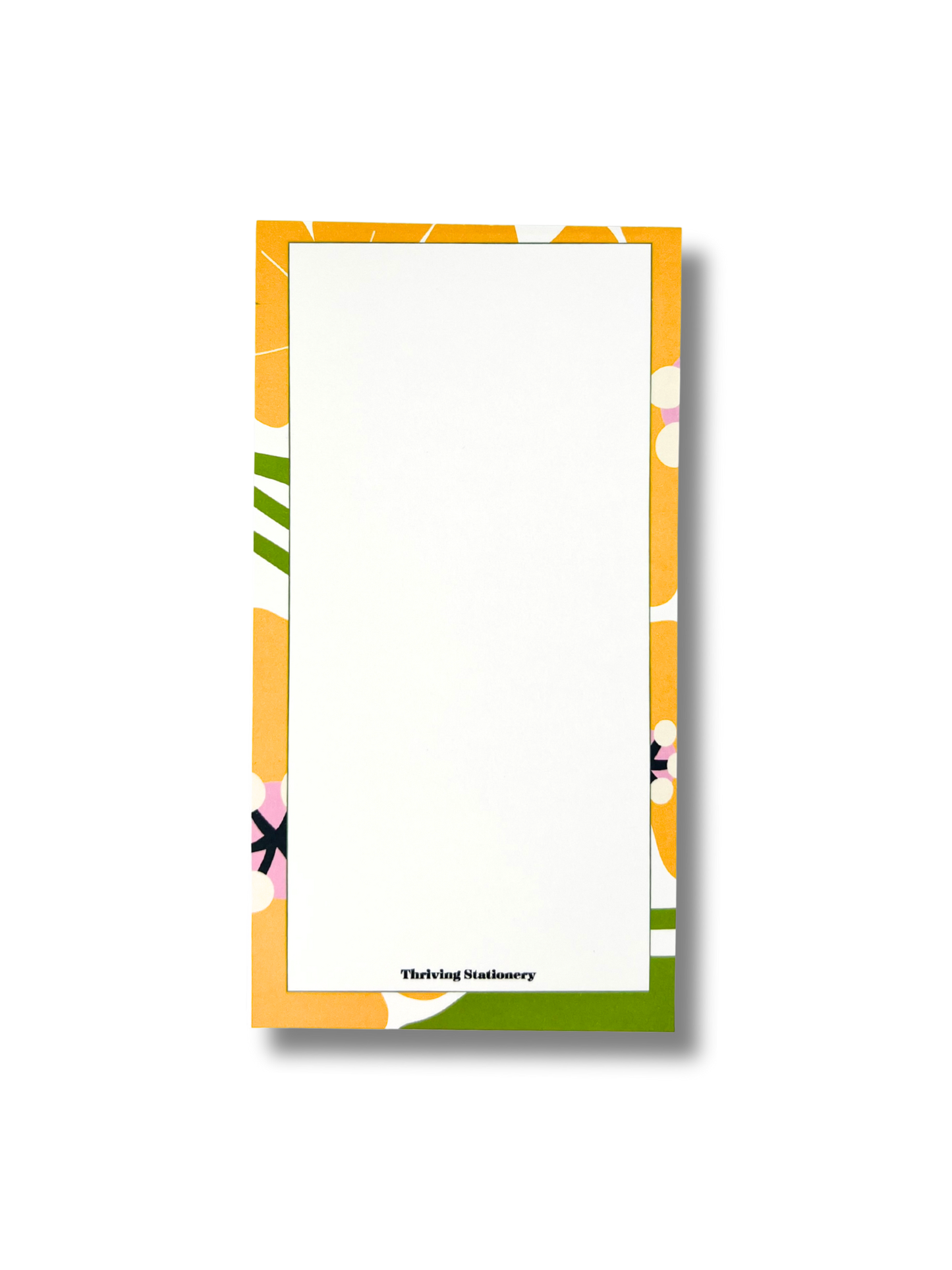 Notepad with colorful floral border on a white background