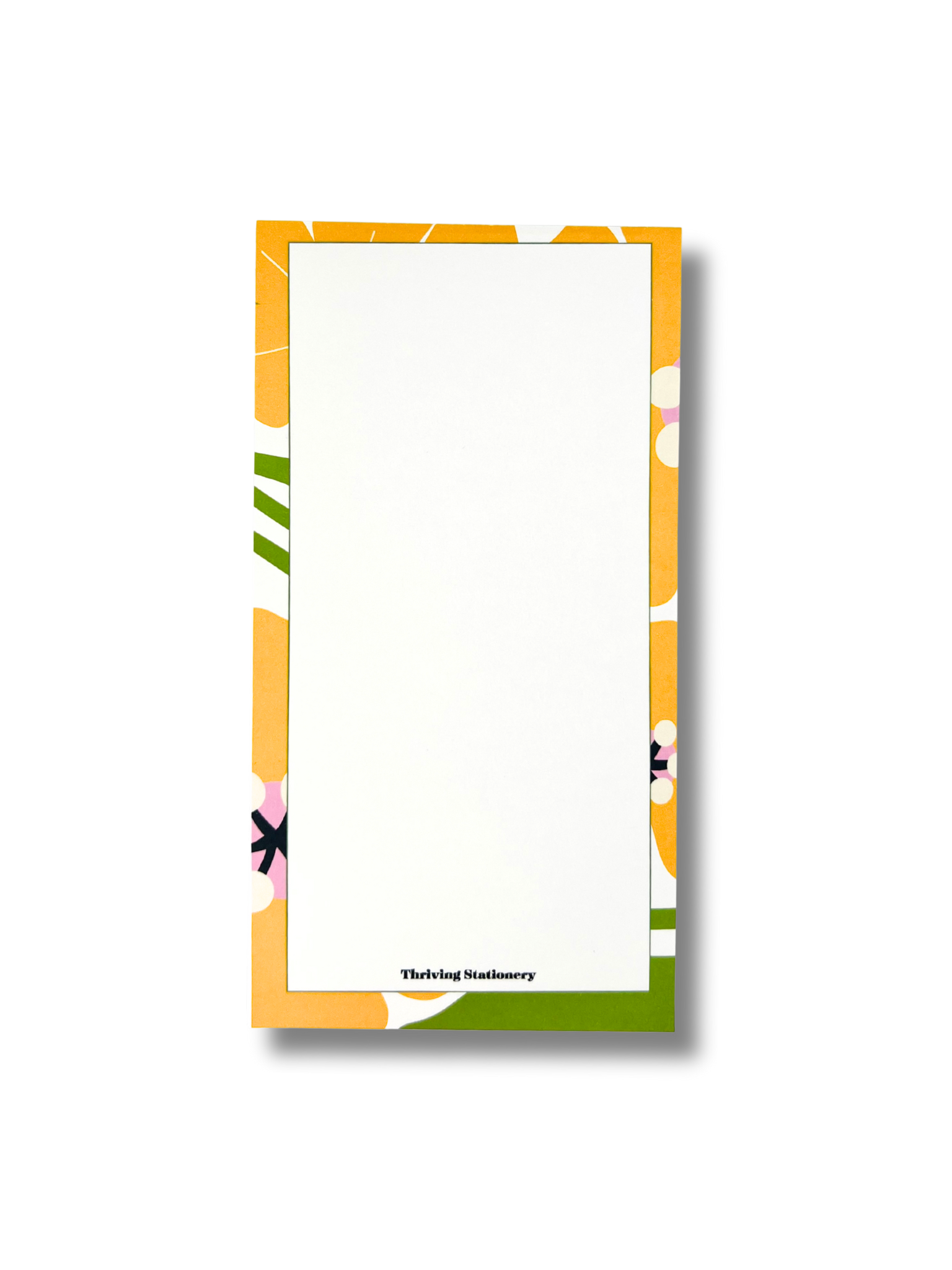Notepad with colorful floral border on a white background
