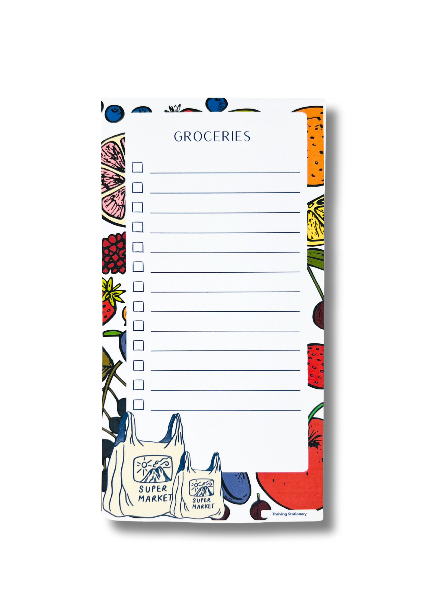 Super Market Magnetic Grocery List Notepad with fruit border and illustrated grocery bags