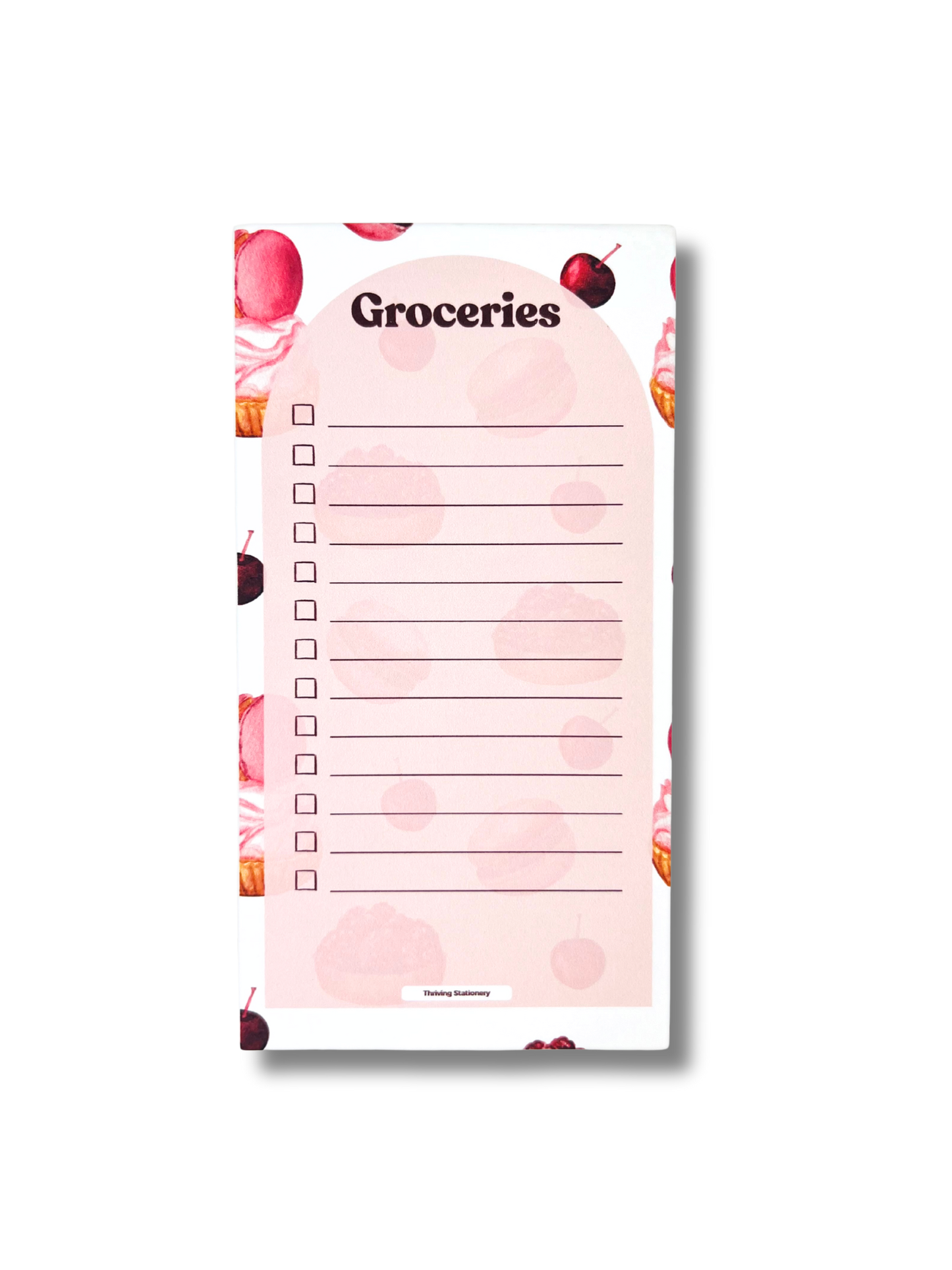 Sweet Treats Magnetic Grocery List Notepad with pink dessert illustrations and checkbox layout