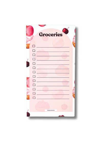 Sweet Treats Magnetic Grocery List Notepad with pink dessert illustrations and checkbox layout