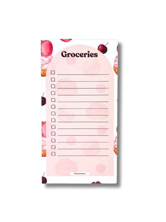 Sweet Treats Magnetic Grocery List Notepad with pink dessert illustrations and checkbox layout