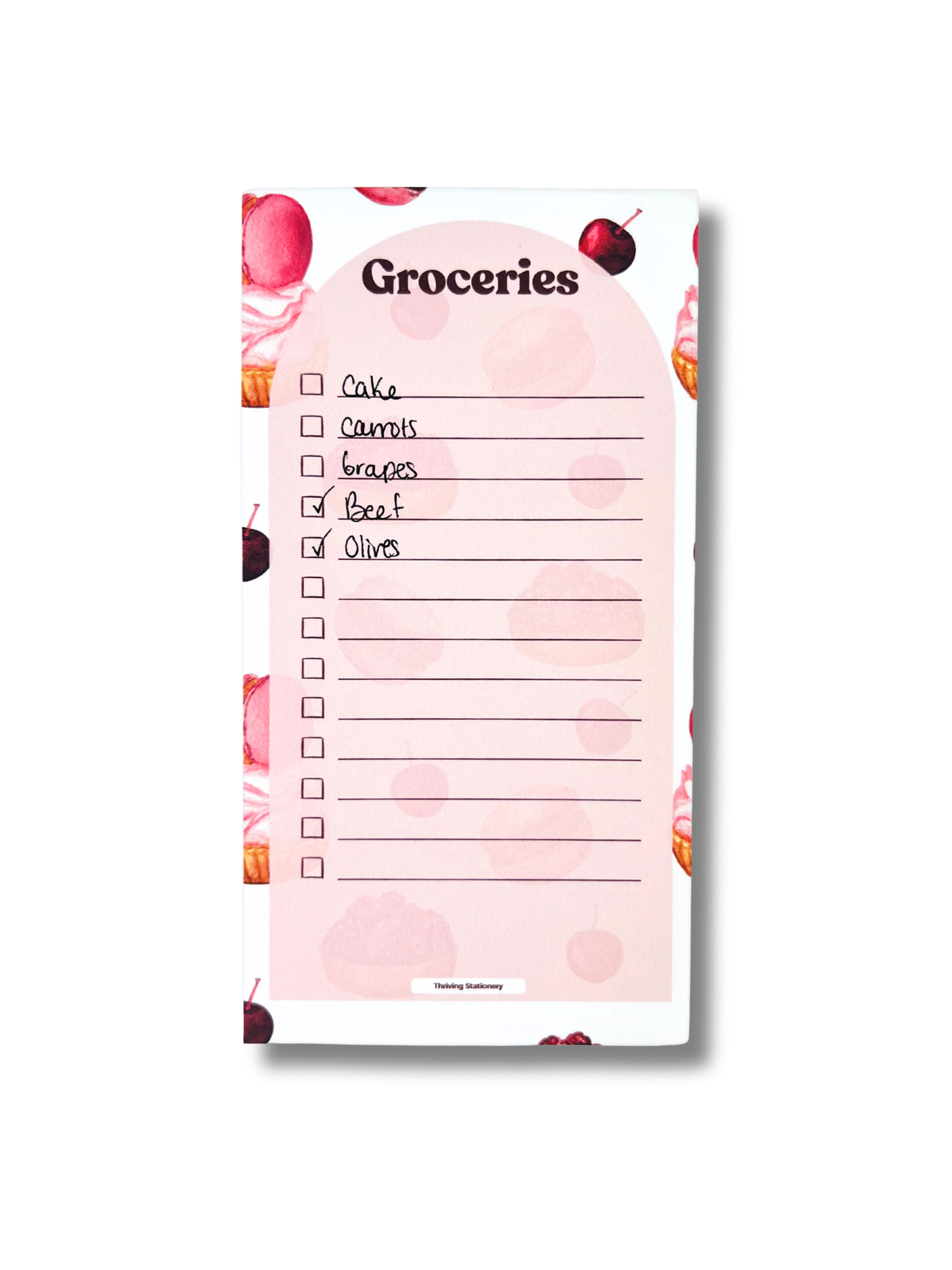 Sweet Treats Magnetic Grocery List Notepad with pink dessert illustrations and checkbox layout
