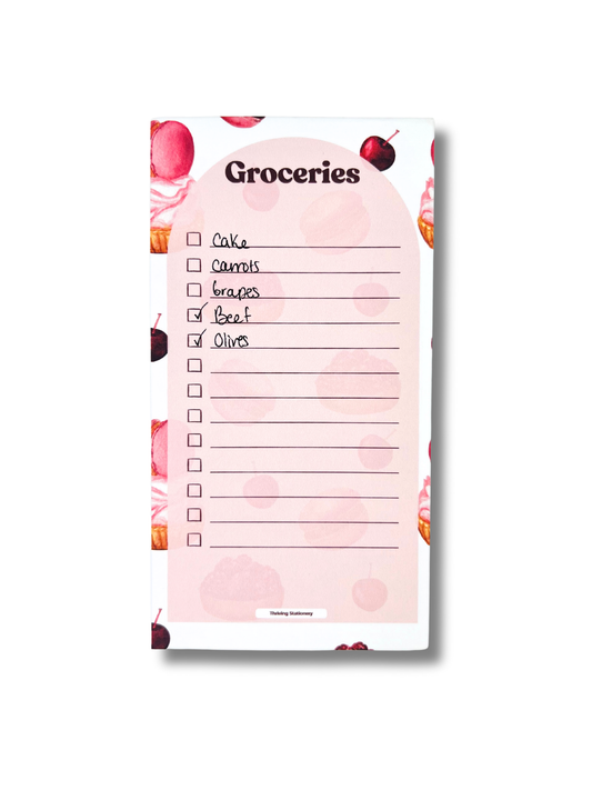 Sweet Treats Magnetic Grocery List Notepad with pink dessert illustrations and checkbox layout