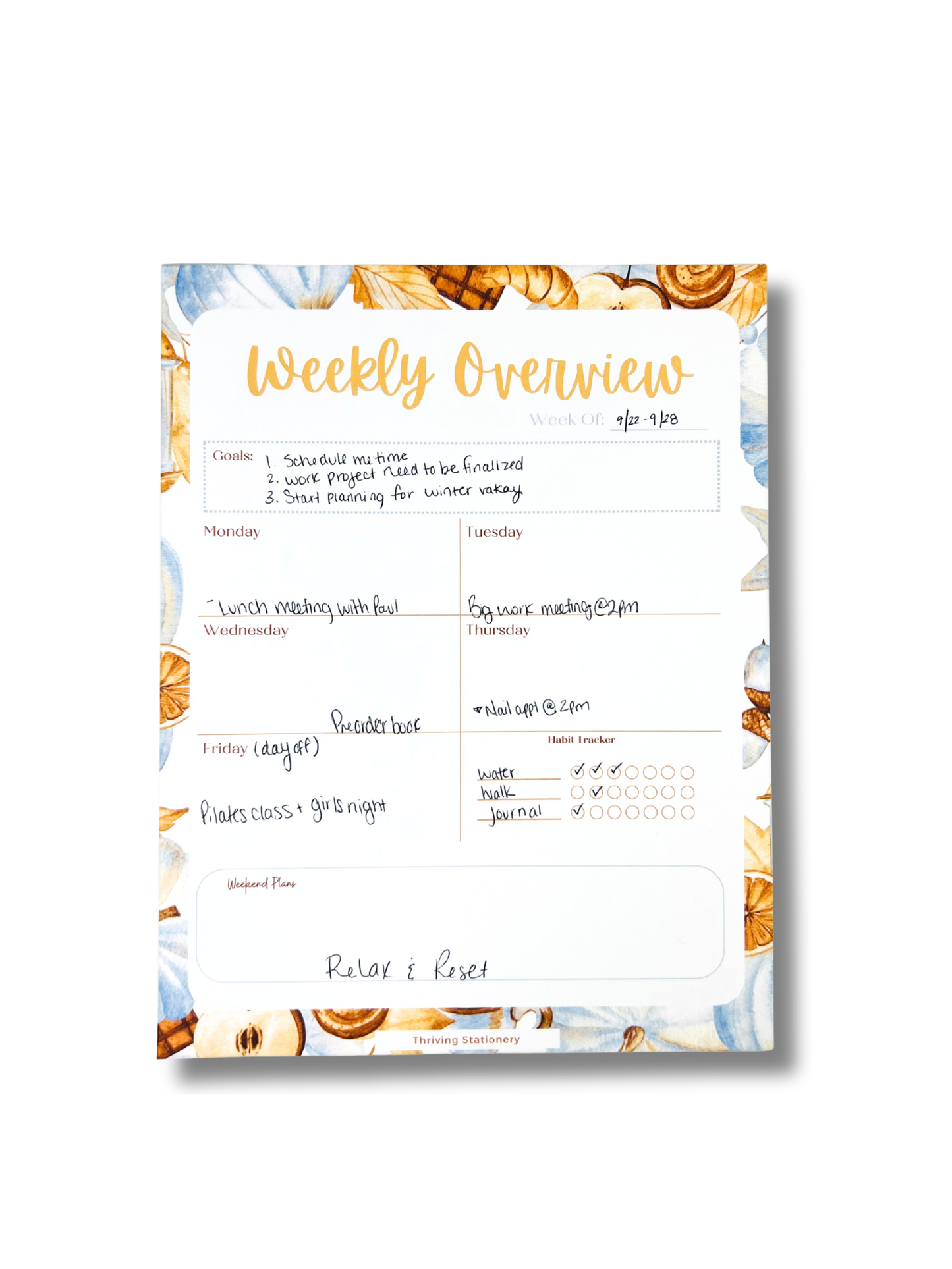 Warm & Cozy Weekly Planner Notepad with neutral cozy design and weekly layout with sample writing