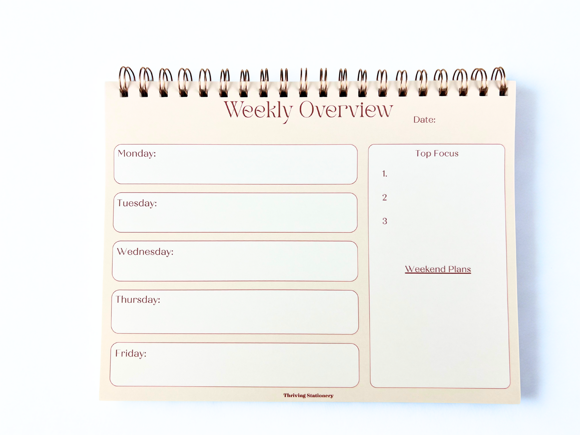 Weekly overview planner with days of the week and focus sections on a white background